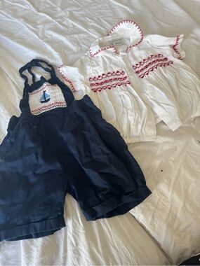 RACHEL Riley SAILBOAT SMOCKED DUNGAREES + shirt